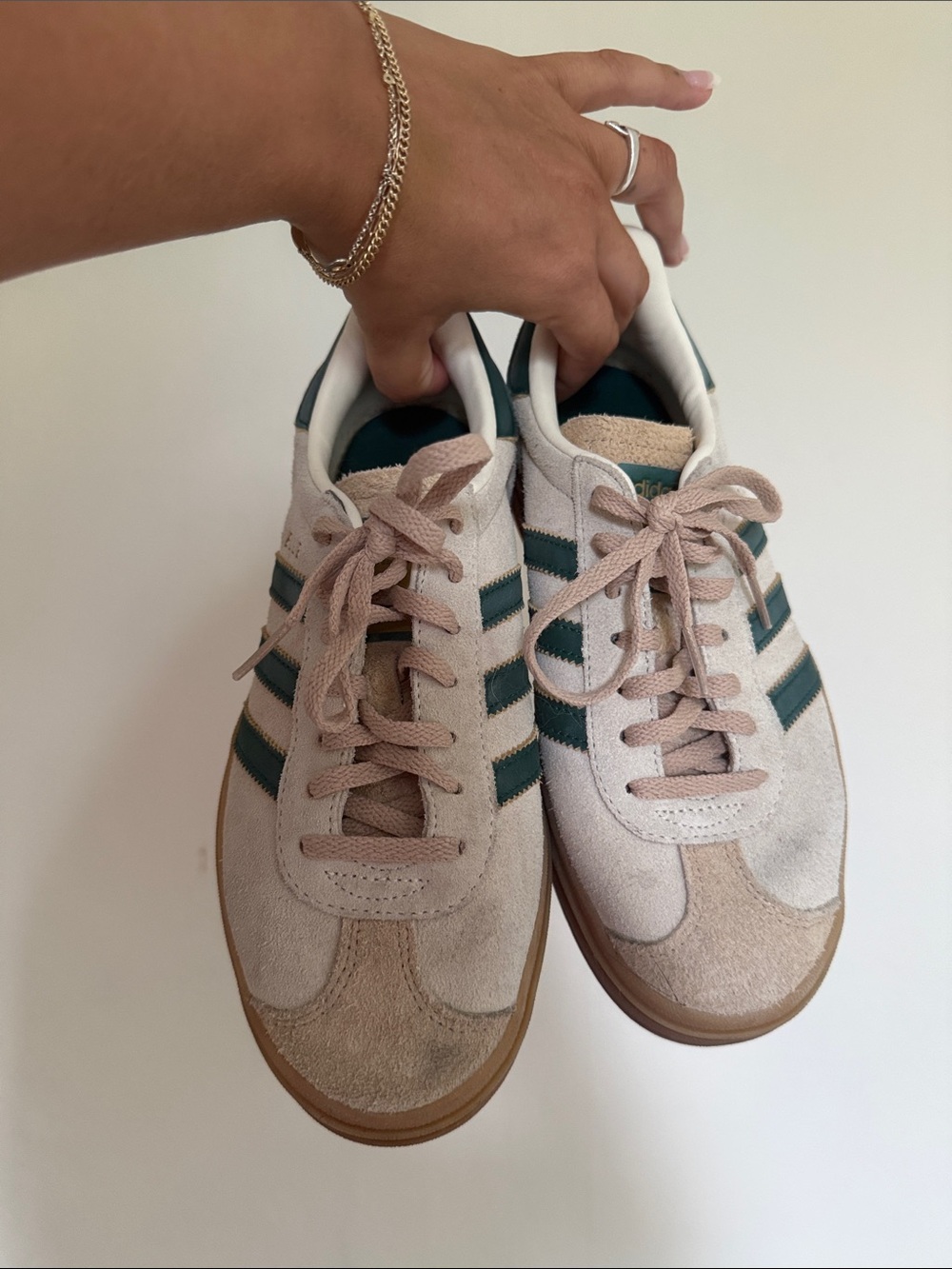 adidas Women's Beige Suede Sneakers with Dark Green Stripes